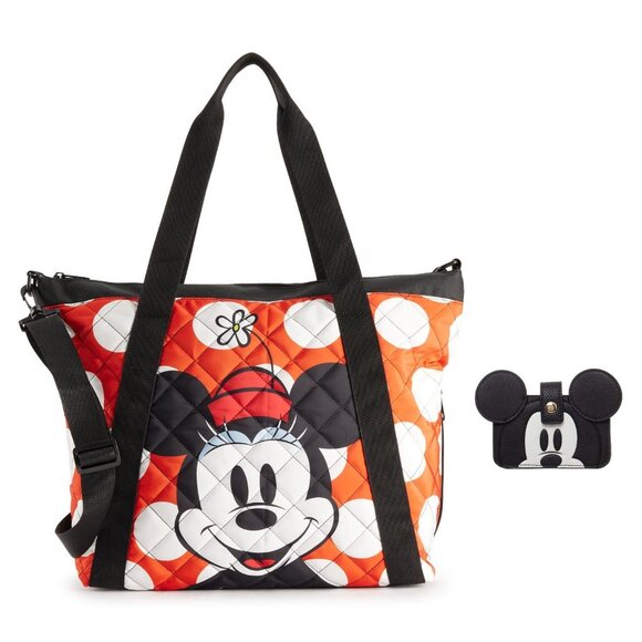 Disney Minnie Mouse Tote Bag with Mickey Card Wallet - Travel Weekender Bag - Picture 1 of 9